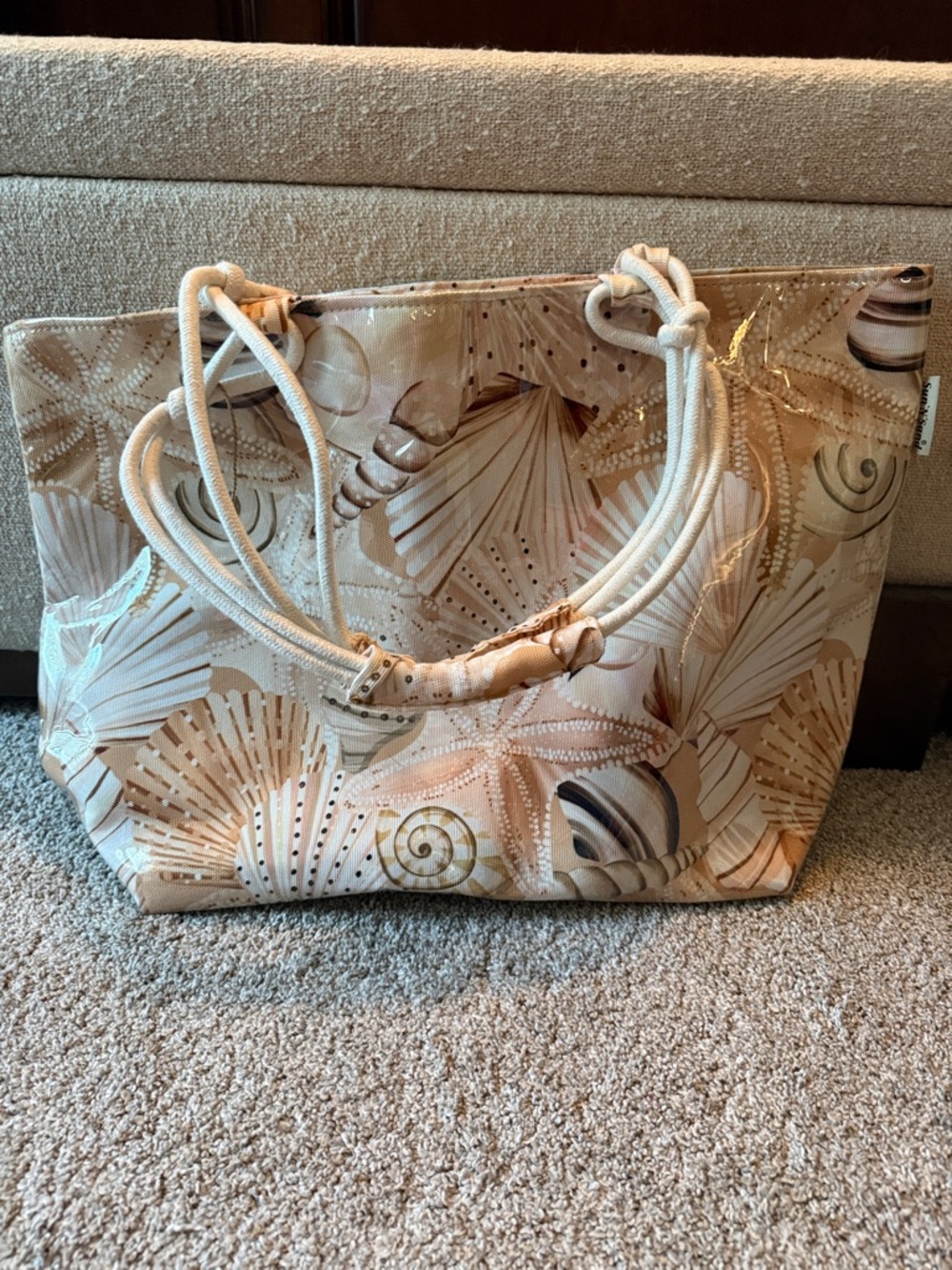 Waterproof Beach Tote Bag in Beige Shell Print- Large